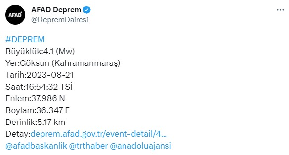 Kahramanmaraş'ın Göksun ilçesinde 4.1 büyüklüğünde deprem