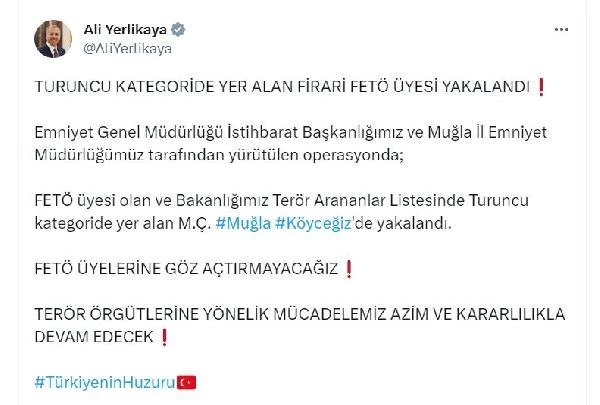 Turuncu kategoride aranan FETÖ üyesi, Muğla'da yakalandı