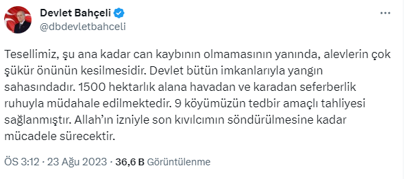 Bahçeli: Bazı alçakların yangının imar rantı gayesiyle çıkarıldığını iddia etmeleri şerefsiz bir bühtandır