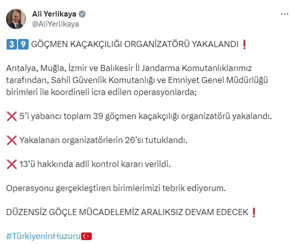 Son Dakika! 4 ildeki operasyonlarda 39 göçmen kaçakçılığı organizatörü yakalandı, 26'sı tutuklandı