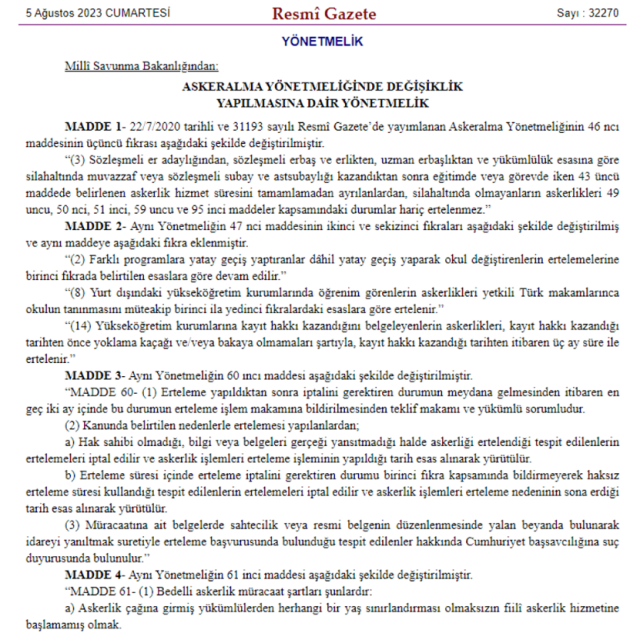 Bedelli askerlik yönetmeliğindeki değişiklik Resmi Gazete'de yayımlandı