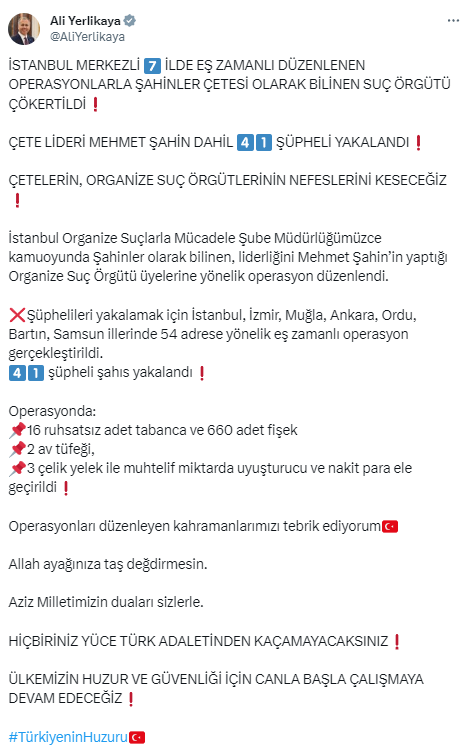 Son Dakika: Şahinler Çetesi çökertildi! Suç örgütü lideri Mehmet Şahin dahil 41 şüpheli yakalandı