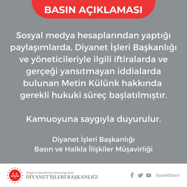 Diyanet İşleri Başkanlığı, Ali Erbaş hakkında iddialarda bulunan Metin Külünk hakkında suç duyurusunda bulundu