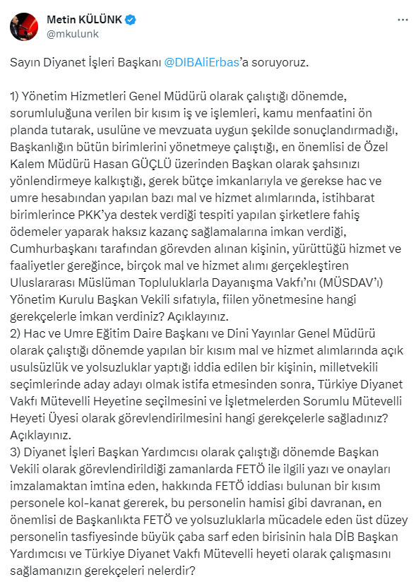 Diyanet İşleri Başkanlığı, Ali Erbaş hakkında iddialarda bulunan Metin Külünk hakkında suç duyurusunda bulundu