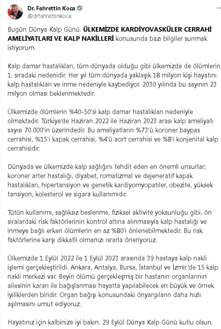 Bakan Koca'dan 'Dünya Kalp Günü' paylaşımı