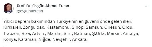 Prof. Dr. Övgün Ahmet Ercan, yıkıcı deprem bakımından en güvenli illeri açıkladı