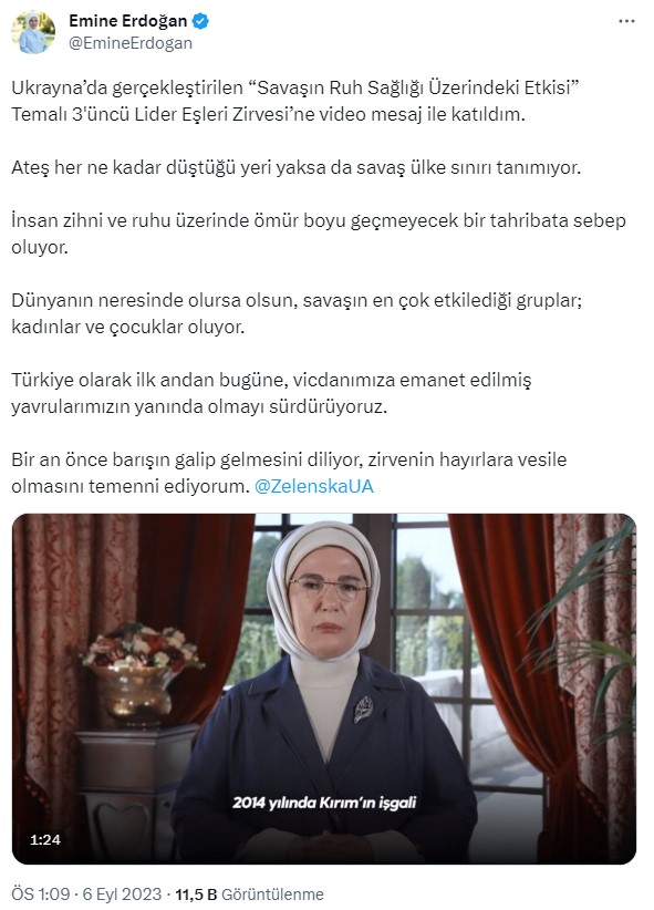 Emine Erdoğan'dan Ukrayna mesajı: Bir an önce barışın galip gelmesini diliyorum