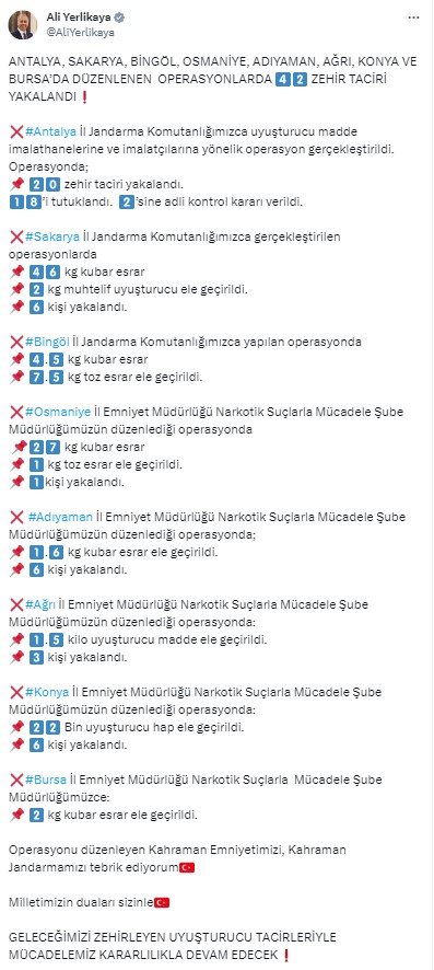 İçişleri Bakanı Yerlikaya: 8 şehirdeki uyuşturucu operasyonunda 18 şüpheli tutuklandı