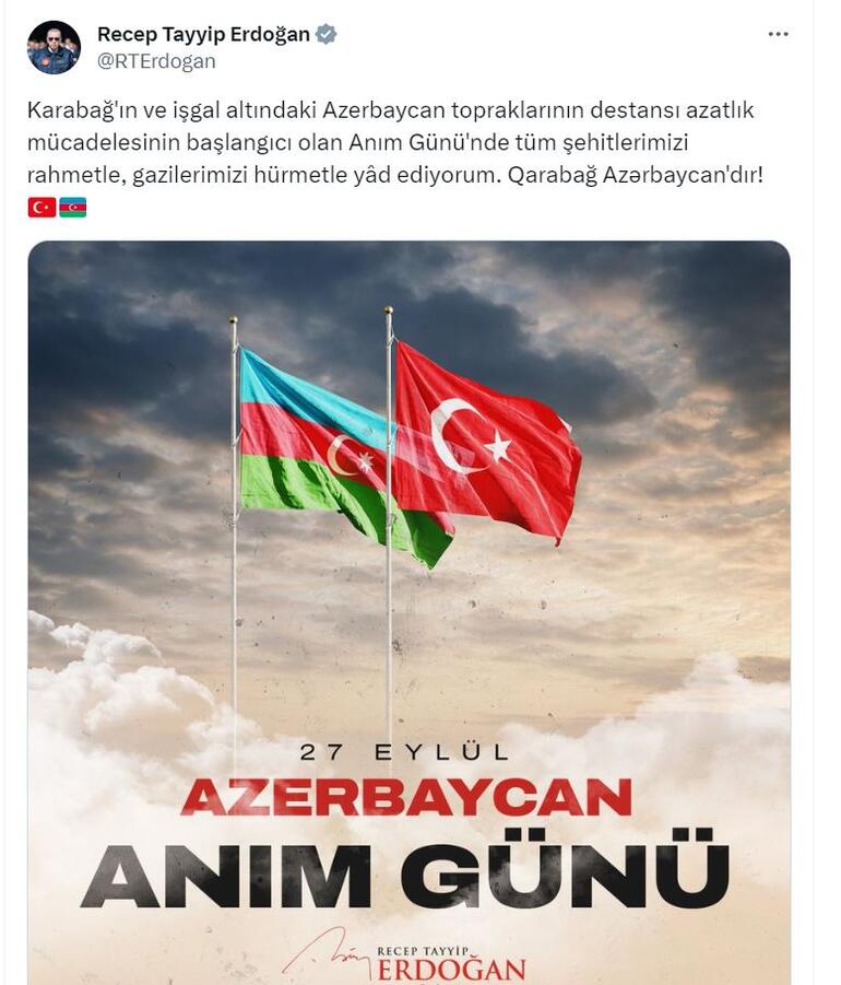 Cumhurbaşkanı Erdoğan, Azerbaycan'ın 'Anım Günü'nde şehitleri andı