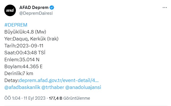 Irak'ta 4.8 büyüklüğünde deprem! Türkiye'den de hissedildi