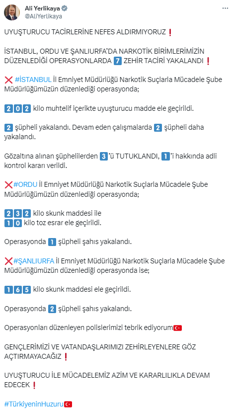 Yerlikaya operasyonun görüntülerini paylaştı! İstanbul, Ordu ve Şanlıurfa'da 7 zehir taciri böyle yakalandı