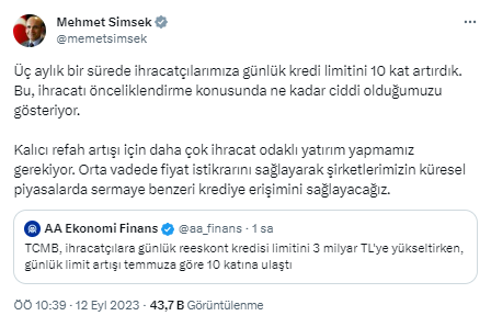 Bakan Şimşek'ten ihracatçılara finansman desteğinin artırılmasına ilk yorum: Ne kadar ciddi olduğumuzu gösteriyor