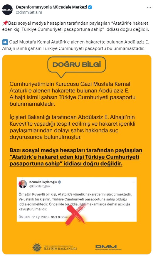 Atatürk'e hakaret eden kişi Türkiye Cumhuriyeti pasaportuna sahip iddiası doğru değil