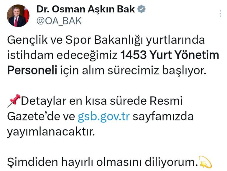 Gençlik ve Spor Bakanlığı, 1453 yurt yönetim personeli alacak