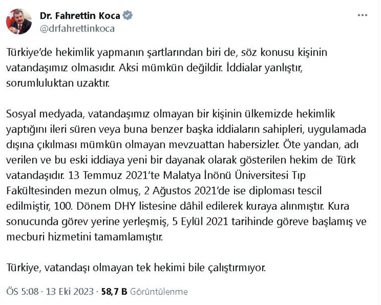 Bakan Koca: Türkiye, vatandaşı olmayan tek hekimi bile çalıştırmıyor