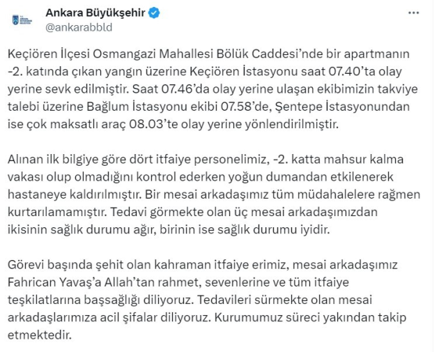 7 katlı binada çıkan yangında dumandan etkilenen 4 itfaiye erinden biri şehit oldu