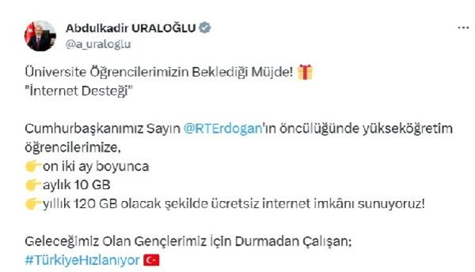 Uraloğlu: Üniversite öğrencilerine aylık 10 GB internet imkanı sunuyoruz