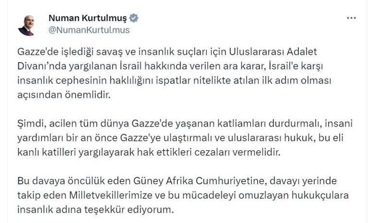 TBMM Başkanı Kurtulmuş: Uluslararası hukuk, İsrail'e hak ettiği cezayı vermeli