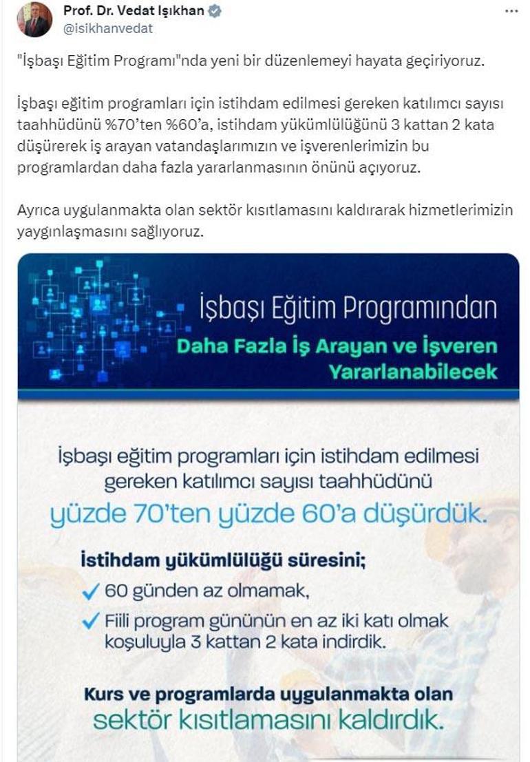 Bakan Işıkhan: İşbaşı eğitimde katılımcı taahhüdünü yüzde 60'a düşürdük