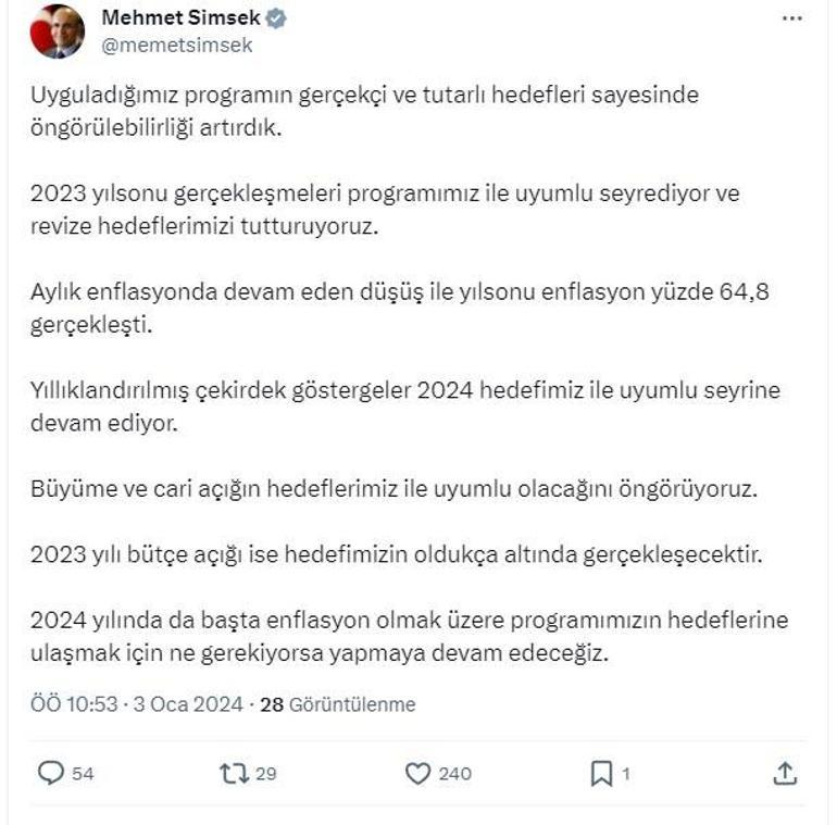 Bakan Şimşek: Programımızın hedeflerine ulaşmak için ne gerekiyorsa yapacağız