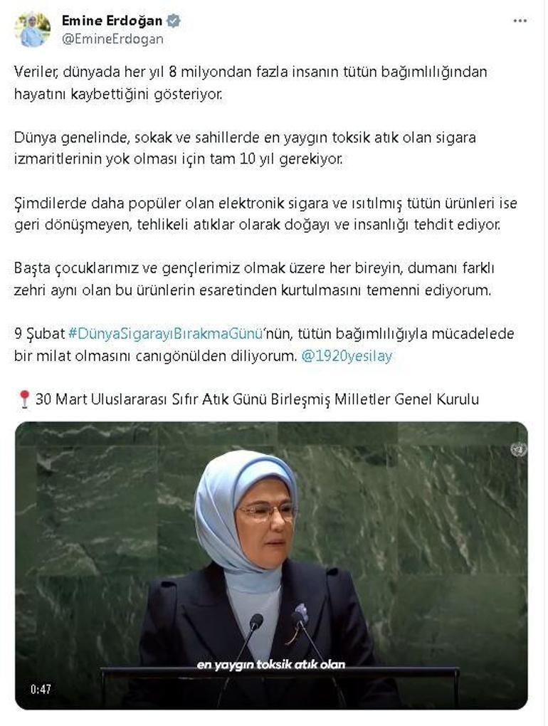 Emine Erdoğan'dan 'Dünya Sigarayı Bırakma Günü' mesajı