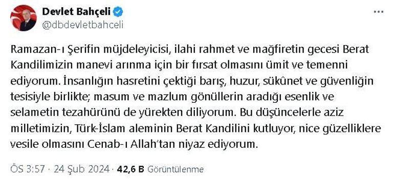 Bahçeli'den 'Berat Kandili' mesajı