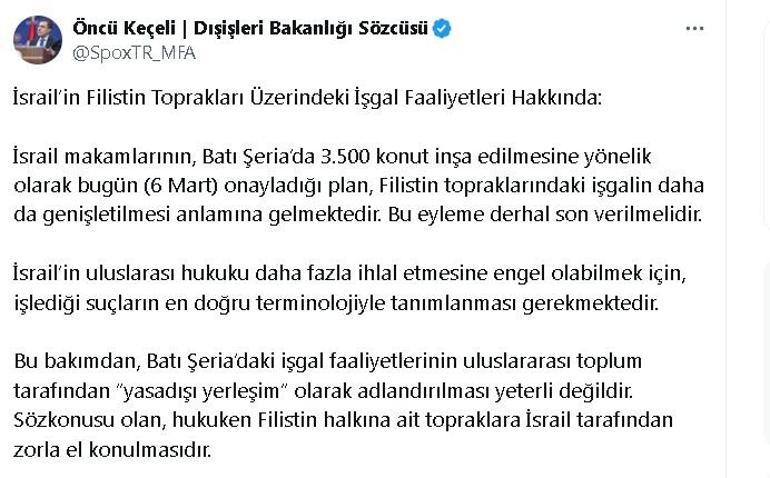 Dışişleri Bakanlığı Sözcüsü Keçeli: İsrail makamları bu eyleme derhal son vermelidir