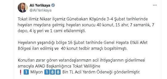 Tokat'ta heyelan bölgesine 1 milyon 188 bin lira acil yardım ödeneği gönderildi