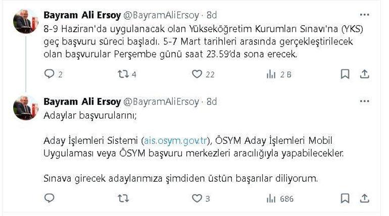 ÖSYM Başkanı Ersoy: YKS geç başvuru süreci başladı