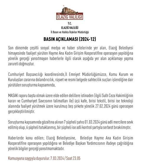 Elazığ Valiliği'nden 'Cımbız 2' operasyonu açıklaması