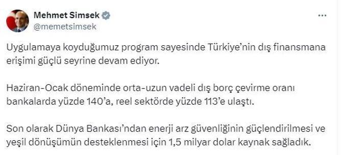 Bakan Şimşek: Dış finansmana erişim güçlü seyrine devam ediyor