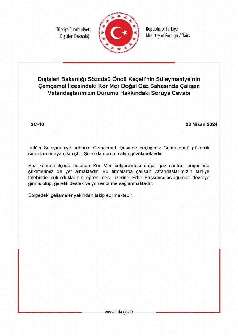 Dışişleri Bakanlığı: Süleymaniye'deki gaz sahası çalışanları için Erbil Başkonsolosluğu devrede