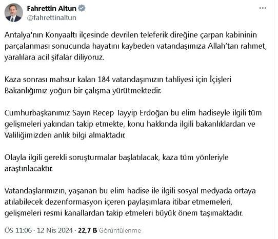 Altun: Mahsur kalan 184 vatandaşımızın tahliyesi için İçişleri Bakanlığımız yoğun çalışma yürütmektedir