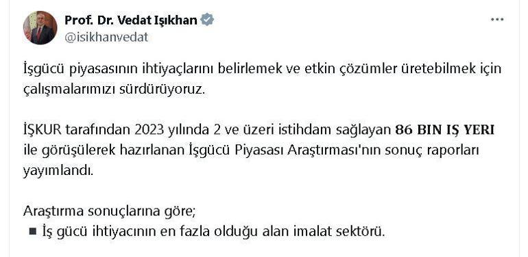 İş gücü ihtiyacının en fazla olduğu alan imalat sektörü