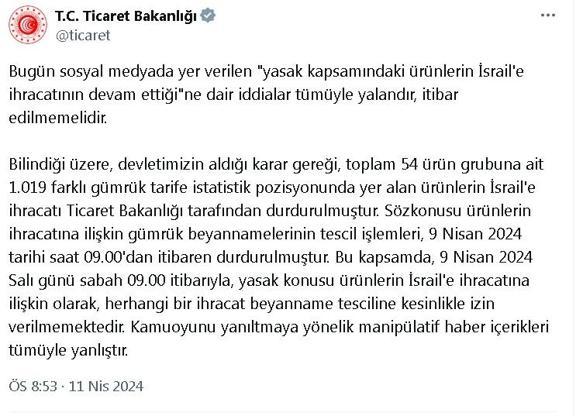 Ticaret Bakanlığı’ndan İsrail’e 'ihracat' iddialarına yalanlama