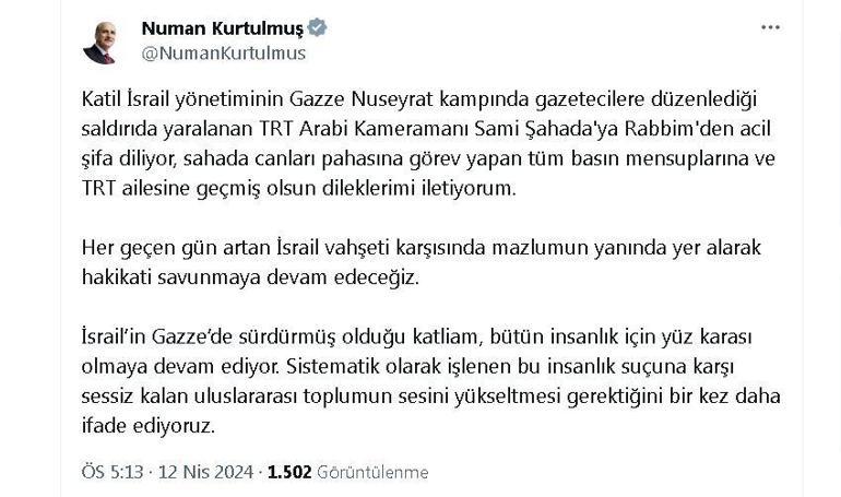 Kurtulmuş'tan, Gazze'de görevli gazetecilere 'geçmiş olsun' mesajı