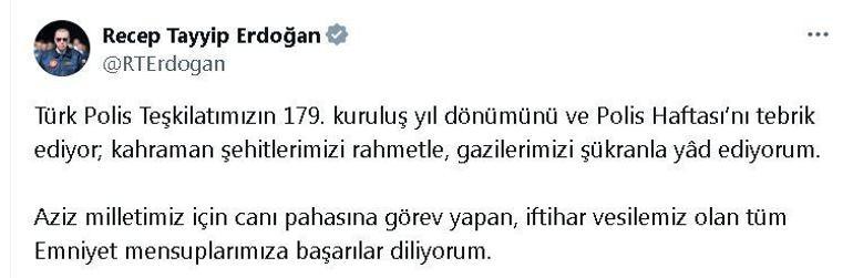 Cumhurbaşkanı Erdoğan, polis teşkilatının 179'uncu kuruluş yıl dönümünü kutladı