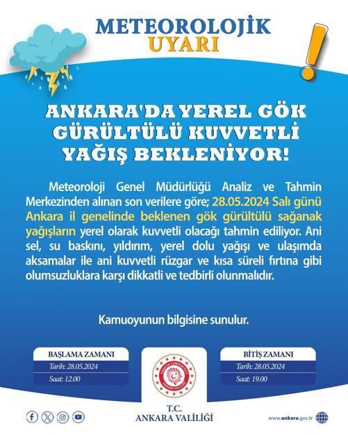 Ankara Valiliği'nden 'sağanak' uyarısı