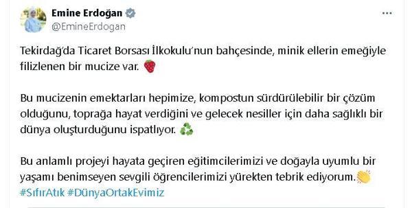 Emine Erdoğan, Tekirdağ'da okul bahçesinde çilek yetiştiren öğrencileri tebrik etti