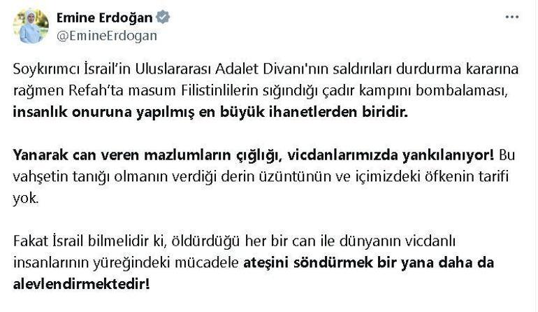 Emine Erdoğan: İsrail'in çadır kampını bombalaması, insanlık onuruna yapılmış en büyük ihanetlerden biridir