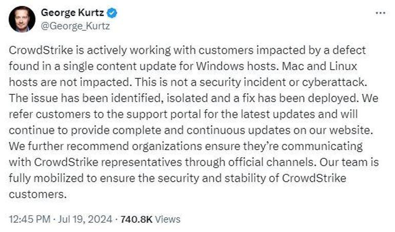 CrowdStrike CEO'su Kurtz: Siber saldırı değil