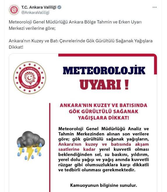 Ankara Valiliği'nden 'sağanak' uyarısı