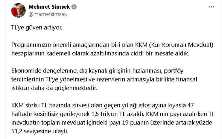 Bakan Şimşek: KKM stoku, 47 haftada 1,5 trilyon TL azaldı