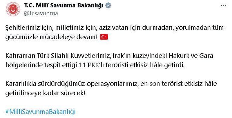 MSB: Irak'ın kuzeyinde 11 terörist etkisiz hale getirildi