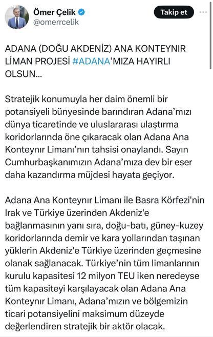 Basra'yı Akdeniz'e bağlayacak Adana Ana Konteyner Limanı'nın tahsisi onaylandı