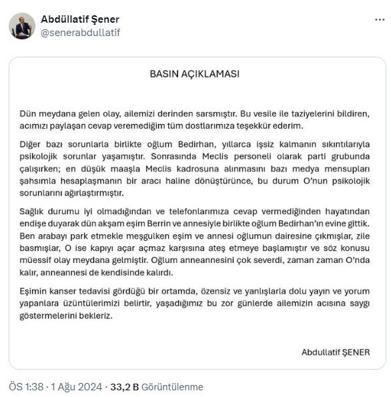 Anneannesini öldüren Abdüllatif Şener'in oğlu, psikiyatri hastanesine sevk edildi