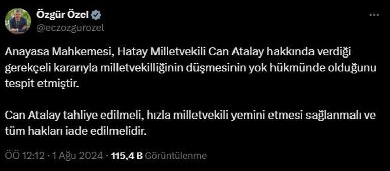 Resmi Gazete'de yayımlanan AYM kararı; Can Atalay'ın milletvekilliğinin düşürülmesi 'yok hükmünde'