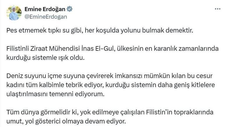 Emine Erdoğan, deniz suyunu içme suyuna çeviren Filistinli El-Gul'u tebrik etti