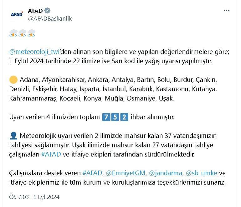 AFAD, 22 kent için 'Sarı' kod ile yağış uyarısı yapıldığını açıkladı