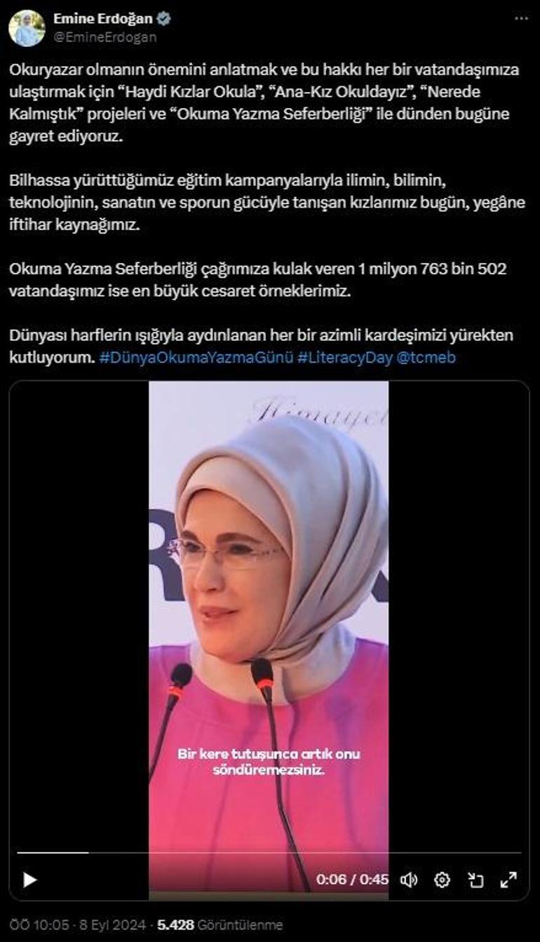 Emine Erdoğan'dan '8 Eylül Dünya Okuma Yazma Günü' paylaşımı